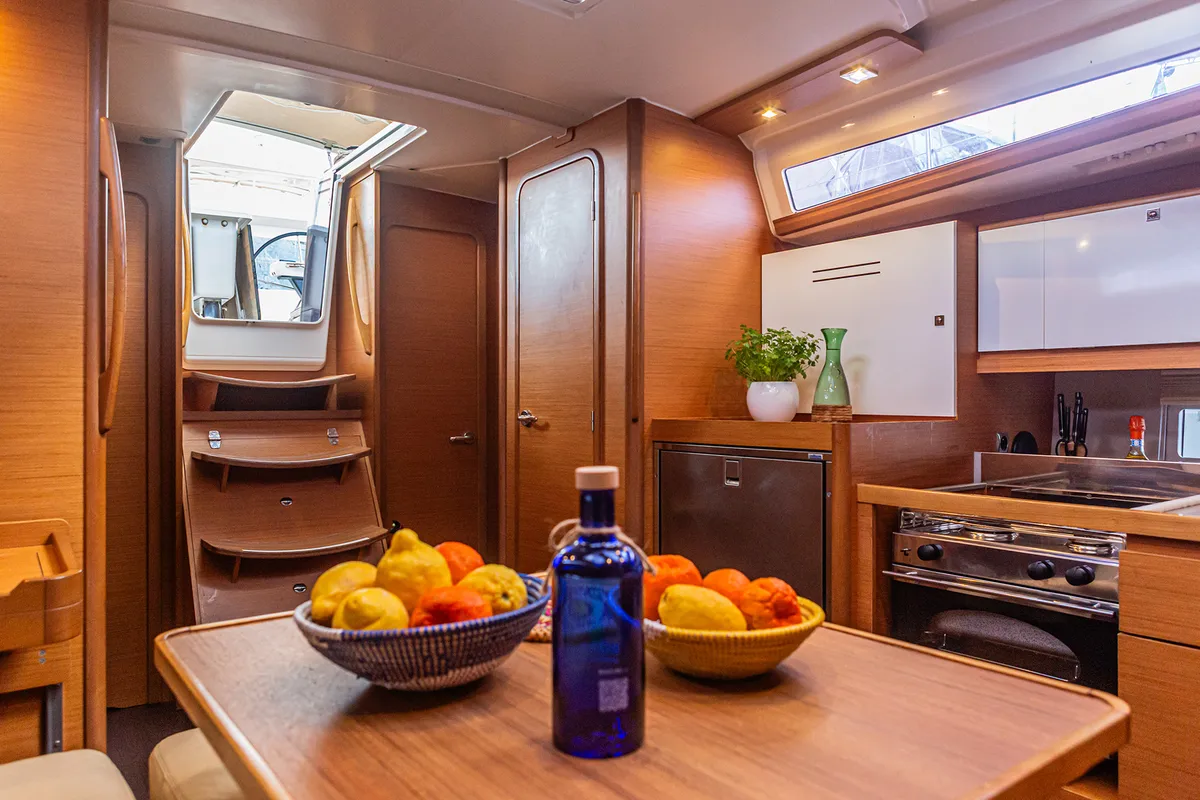 Galley of Sympathy Planet, a Dufour 390 Grand Large sailboat at Palermo, Italy