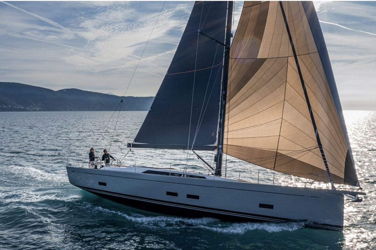 Exterior view of Eclisse, a Gulet Grand Soleil 48 sailboat at Castellammare del Golfo, Italy
