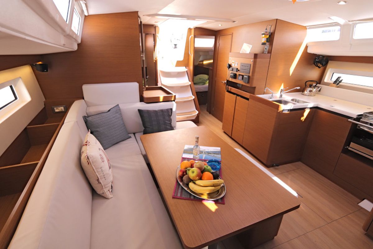 Salon of Avra, a Jeanneau Sun Odyssey 490 sailboat at Lavreotiki Municipal Unit, Greece