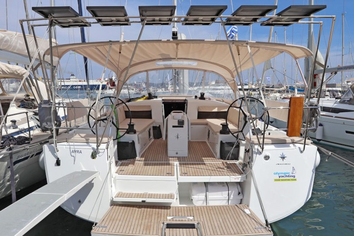 Exterior view of Avra, a Jeanneau Sun Odyssey 490 sailboat at Lavreotiki Municipal Unit, Greece