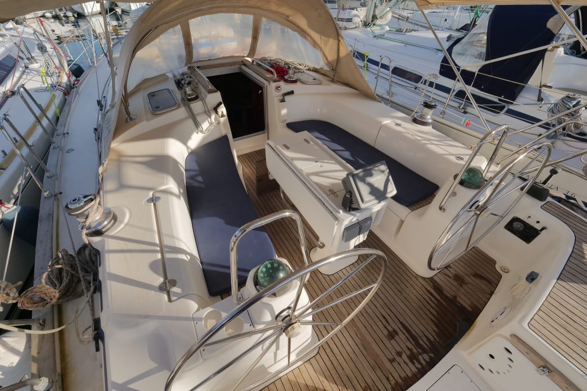 Cockpit of Velero, a Bavaria 44 sailboat at Fethiye, Turkey
