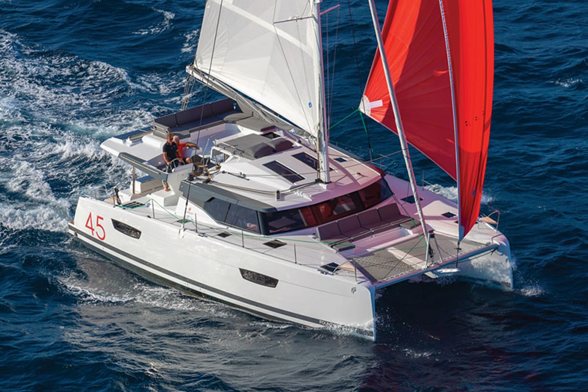 Exterior view of Alize, a Fountaine Pajot Elba 45 catamaran at Grad Šibenik, Croatia