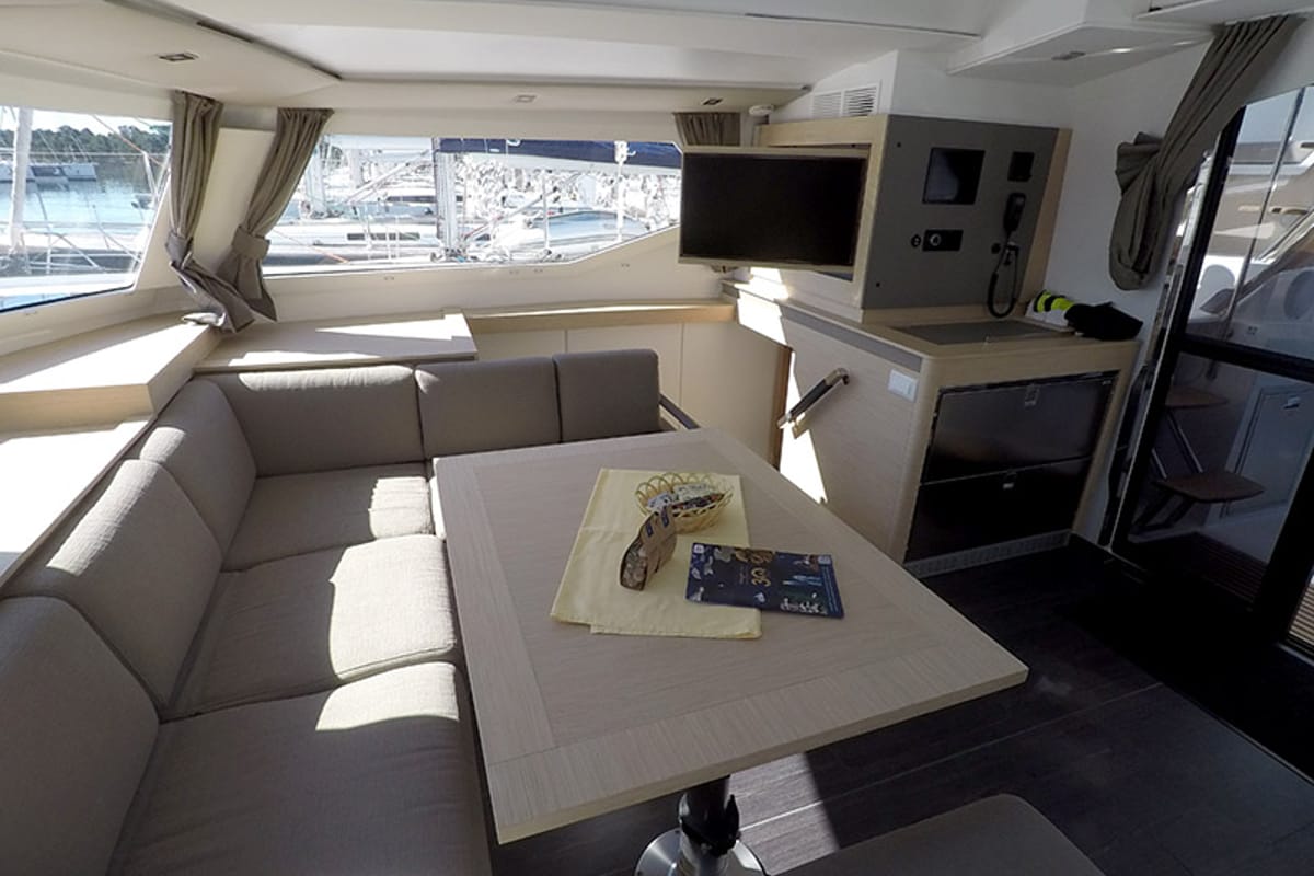 Salon of Alize, a Fountaine Pajot Elba 45 catamaran at Grad Šibenik, Croatia