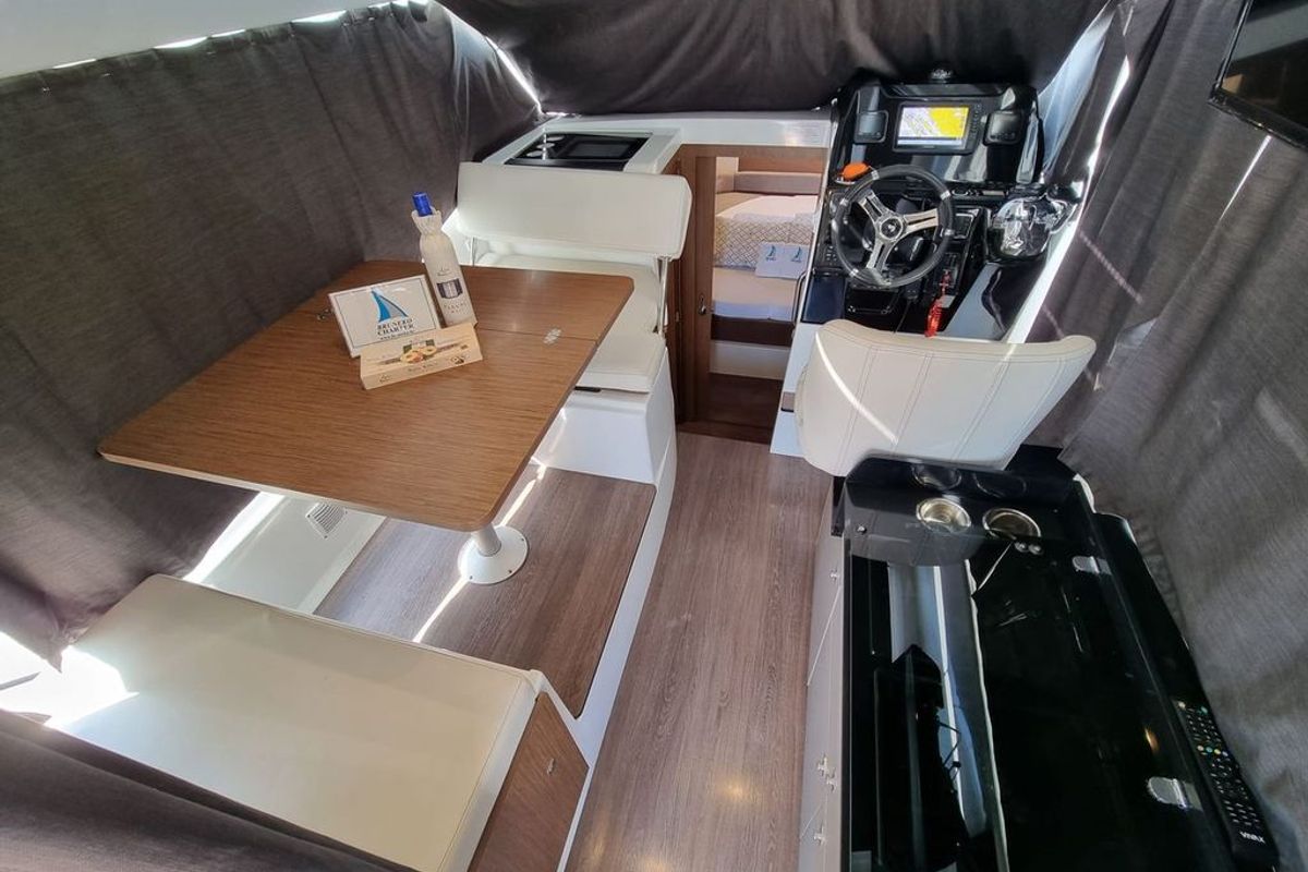 Salon of Queen Korina, a Beneteau Antares 9 OB motorboat at Zadar, Croatia