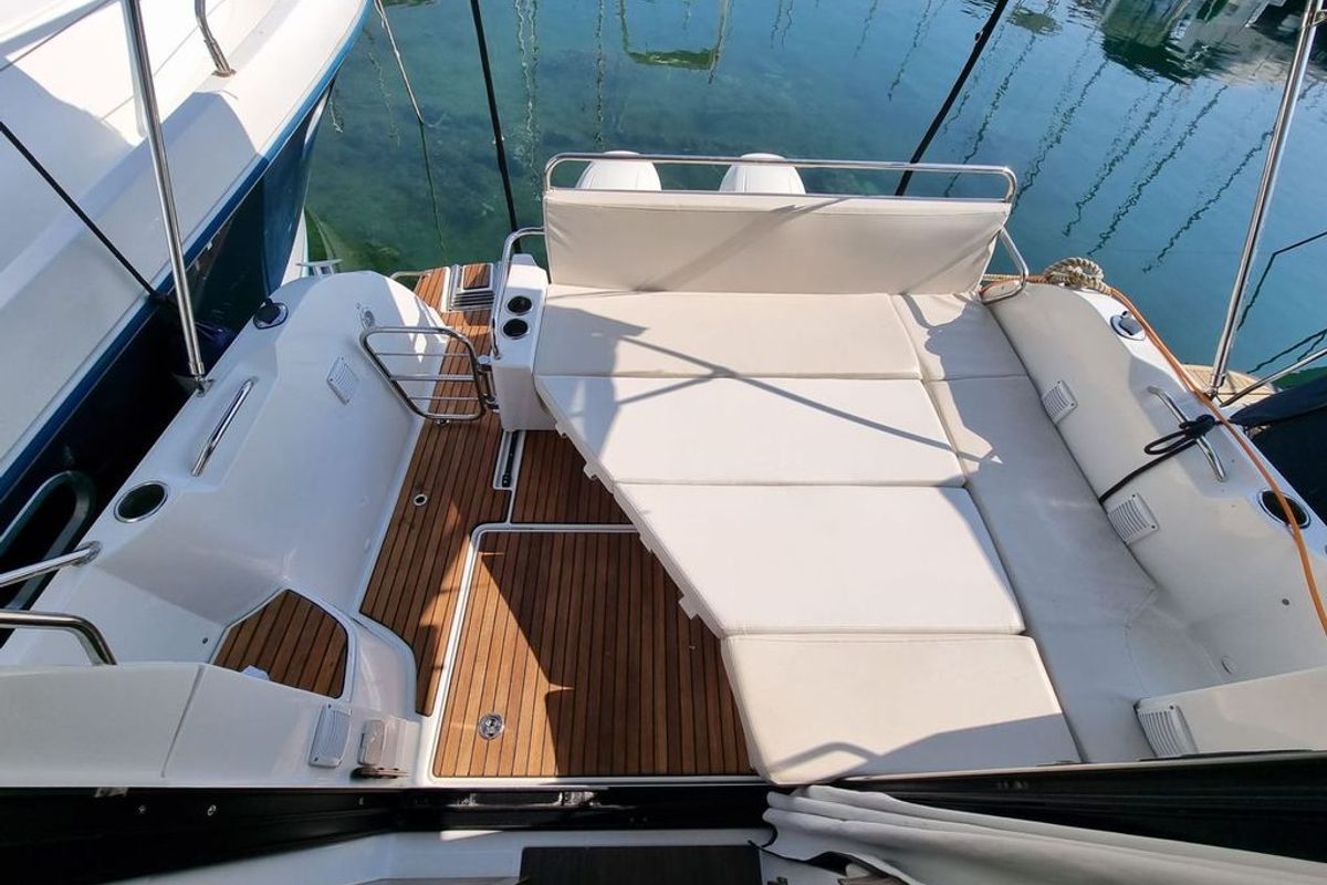 Salon of Queen Korina, a Beneteau Antares 9 OB motorboat at Zadar, Croatia