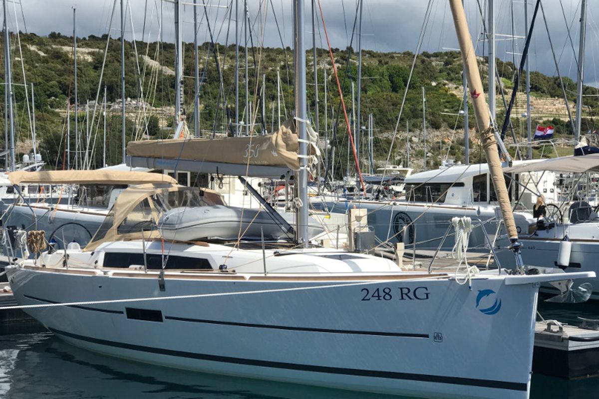 Exterior view of IDA (new sails 2023.), a Dufour 350 Grand Large sailboat at Primošten, Croatia