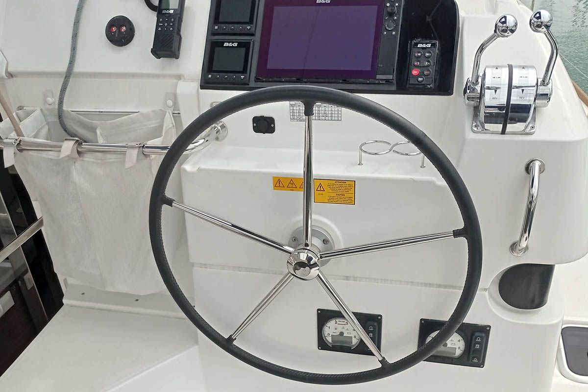 Cockpit of Manta, a Lagoon 40 catamaran at Athens, Greece
