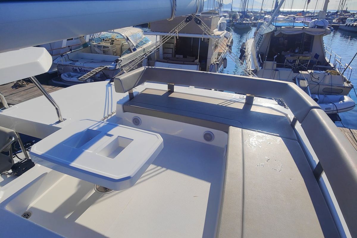 Deck of Alluzo, a Leopard 42 catamaran at Procida, Italy