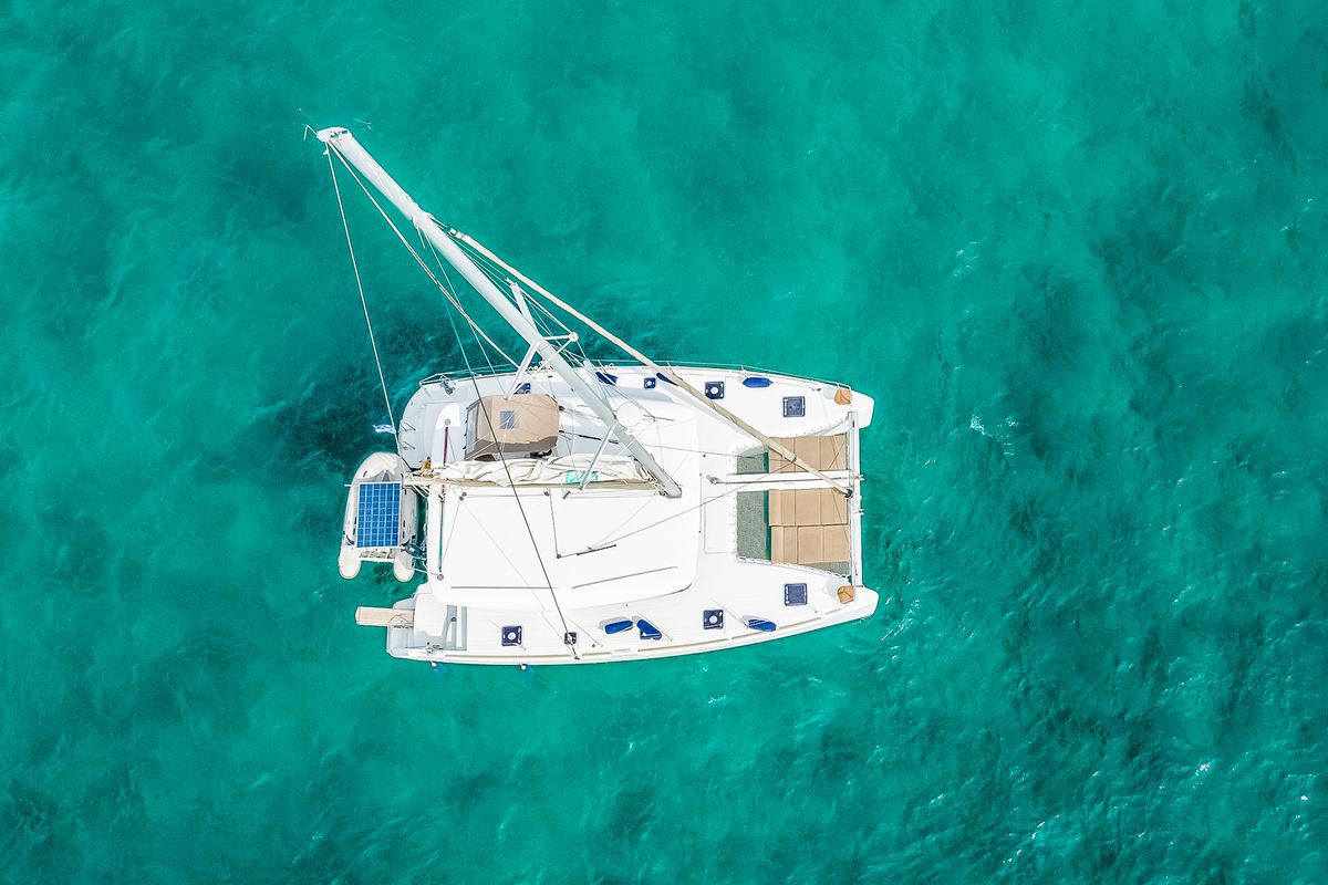 Exterior view of Christina S, a Lagoon 400 S2 catamaran at Salamina Municipal Unit, Greece