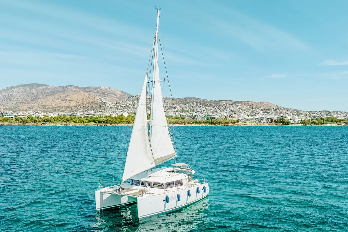 Exterior view of Christina S, a Lagoon 400 S2 catamaran at Salamina Municipal Unit, Greece