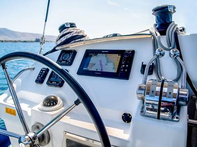 Cockpit of Christina S, a Lagoon 400 S2 catamaran at Salamina Municipal Unit, Greece