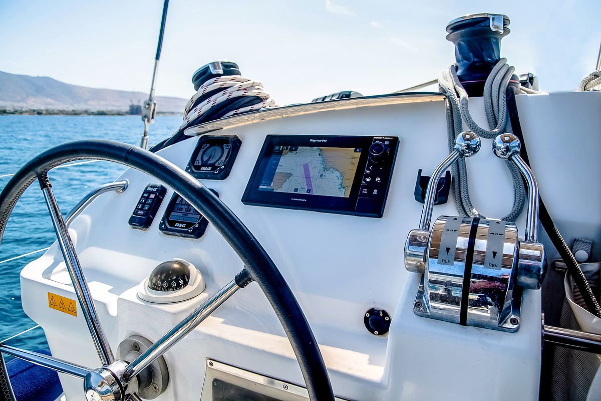 Cockpit of Christina S, a Lagoon 400 S2 catamaran at Salamina Municipal Unit, Greece