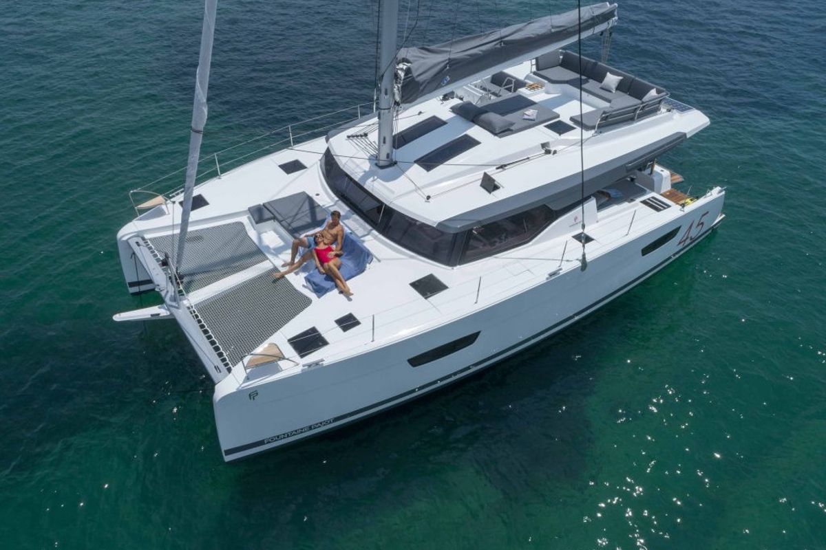 Exterior view of Marina, a Fountaine Pajot Elba 45 catamaran at Seget Donji, Croatia