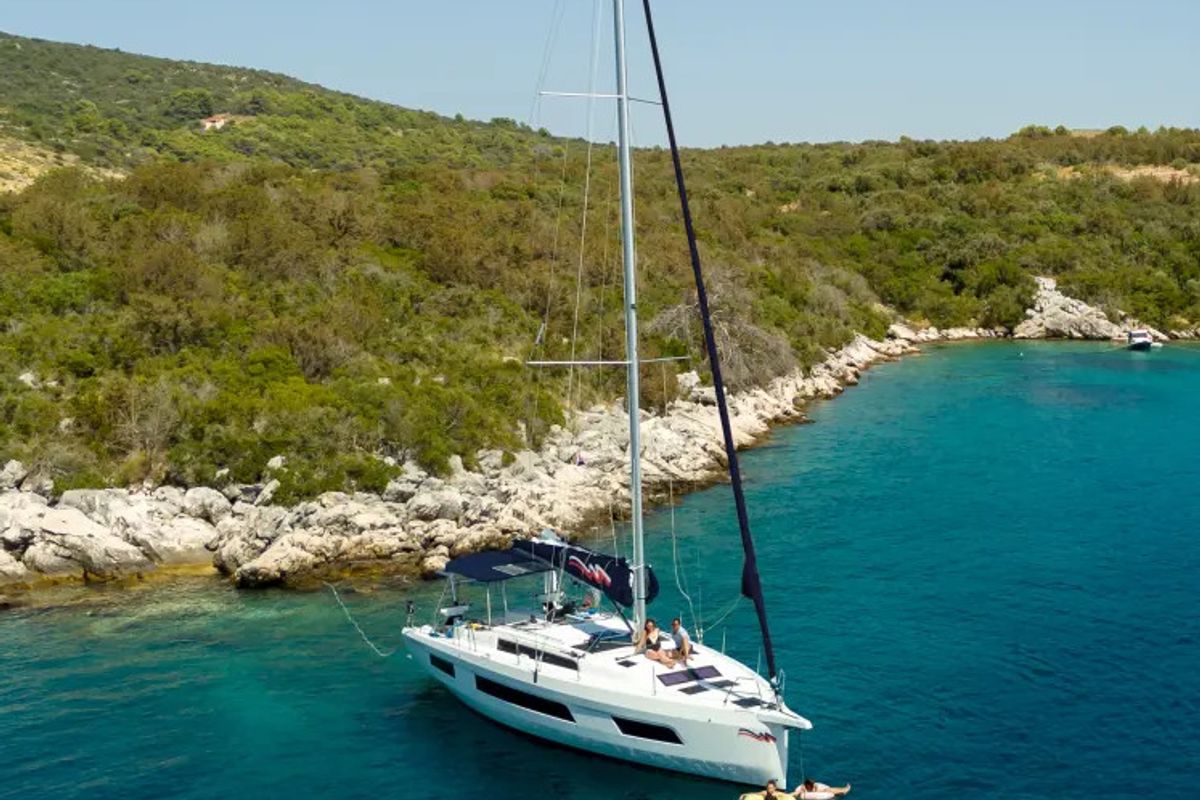 Exterior view of Moorings 44.3 Exclusive Plus, a Dufour 44 sailboat at Gouvia, Greece