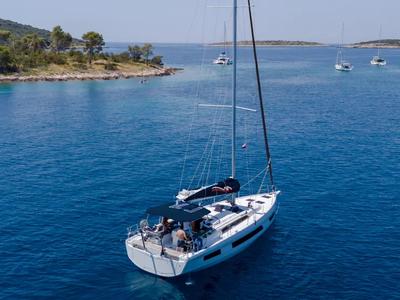 Exterior view of Moorings 44.3 Exclusive Plus, a Dufour 44 sailboat at Gouvia, Greece