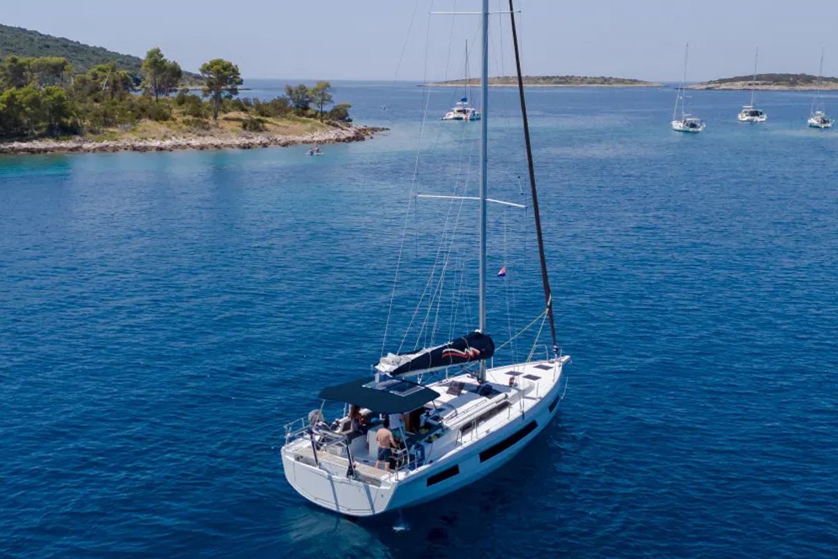Exterior view of Moorings 44.3 Exclusive Plus, a Dufour 44 sailboat at Gouvia, Greece