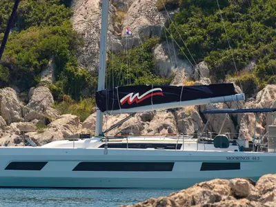 Exterior view of Moorings 44.3 Exclusive Plus, a Dufour 44 sailboat at Gouvia, Greece