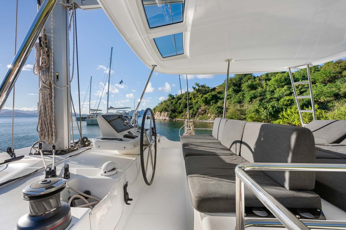 Cockpit of Echo, a Lagoon 50 catamaran at Road Town, British Virgin Islands