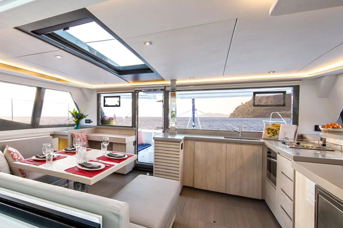 Salon of Moorings 4500L Club, a Leopard 45 catamaran at Piraeus, Greece