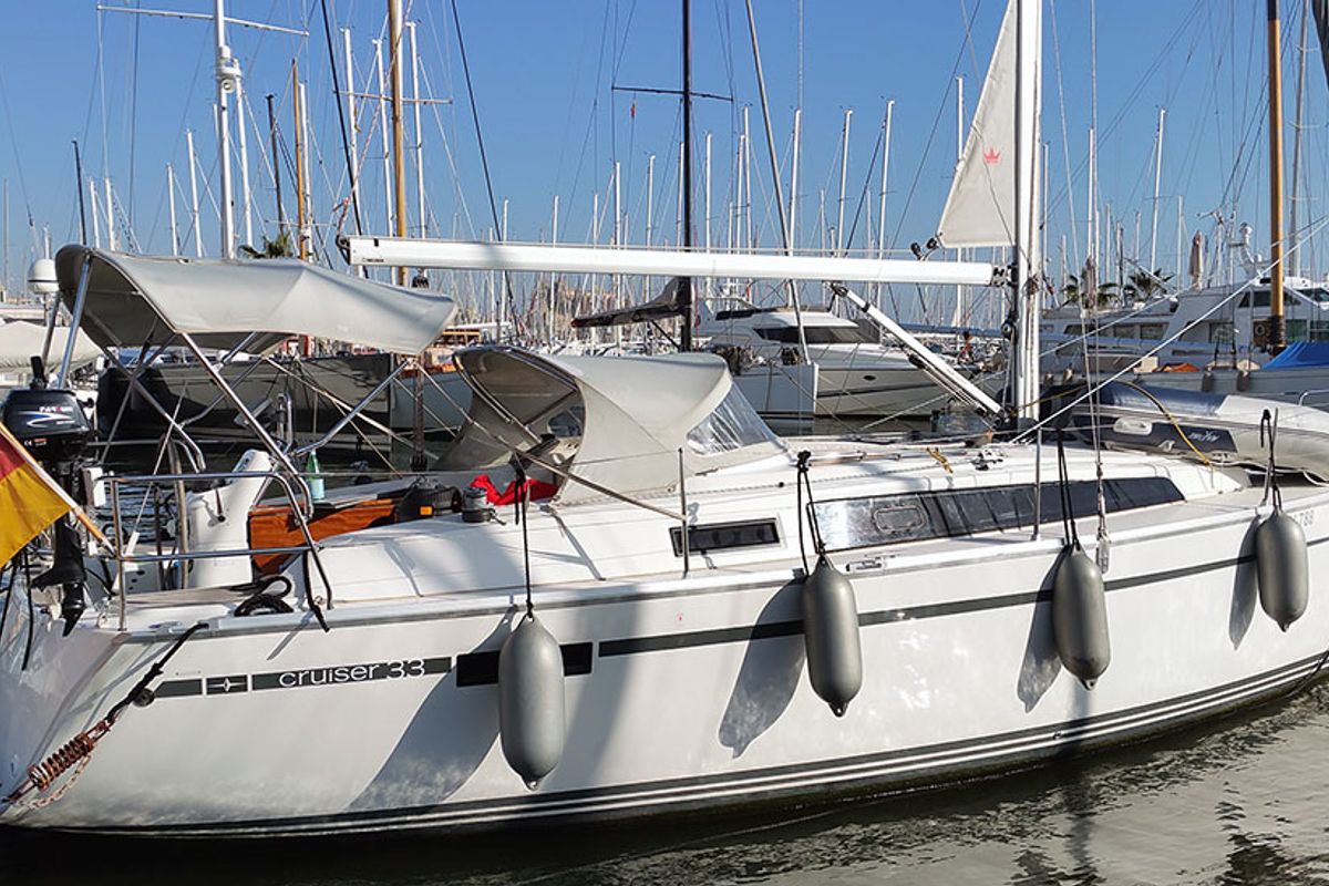 Exterior view of Callisto, a Bavaria Cruiser 33 sailboat at Llucmajor, Spain