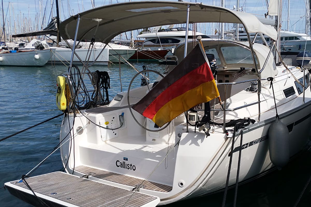 Exterior view of Callisto, a Bavaria Cruiser 33 sailboat at Llucmajor, Spain