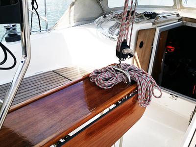 Deck of Callisto, a Bavaria Cruiser 33 sailboat at Llucmajor, Spain