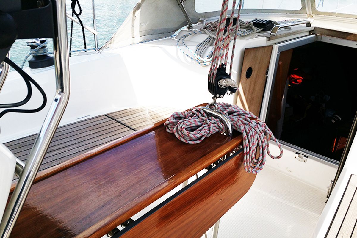 Deck of Callisto, a Bavaria Cruiser 33 sailboat at Llucmajor, Spain