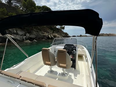 Deck of Firulais, a Quicksilver Activ 675 Open motorboat at Roses, Spain