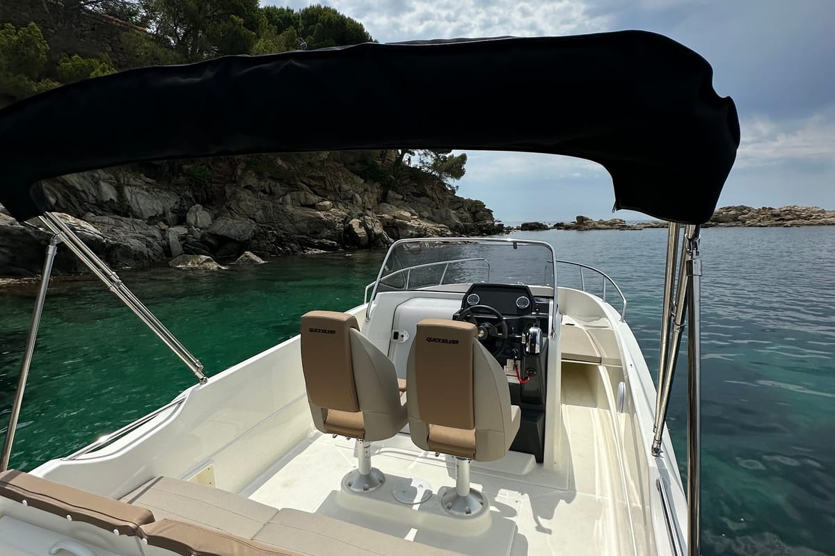 Deck of Firulais, a Quicksilver Activ 675 Open motorboat at Roses, Spain