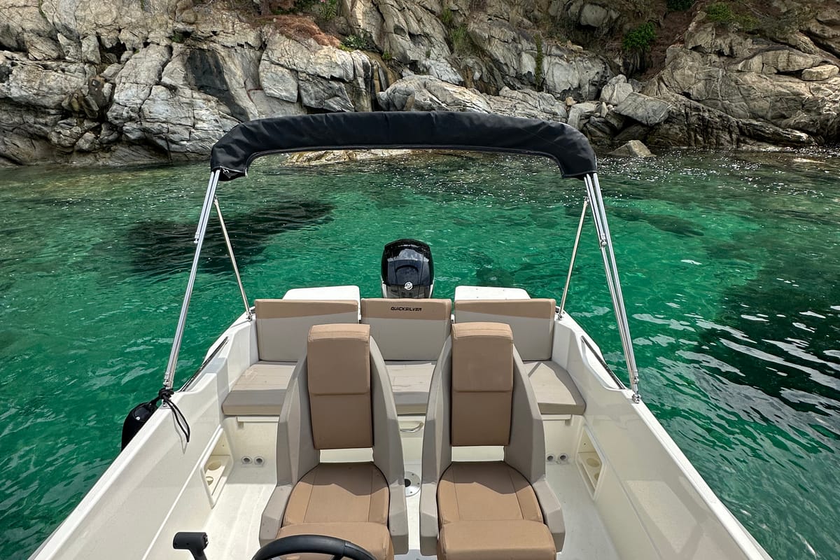 Deck of Firulais, a Quicksilver Activ 675 Open motorboat at Roses, Spain