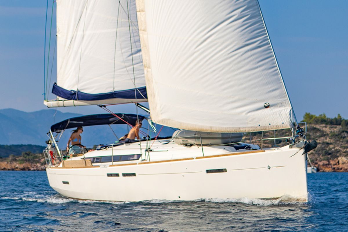 Exterior view of Dimitra, a Jeanneau Sun Odyssey 449 sailboat at Municipal Unit of Sikyona, Greece