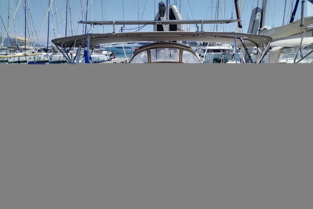 Deck of Mojito, a Bavaria Cruiser 46 sailboat at Kontokali, Greece
