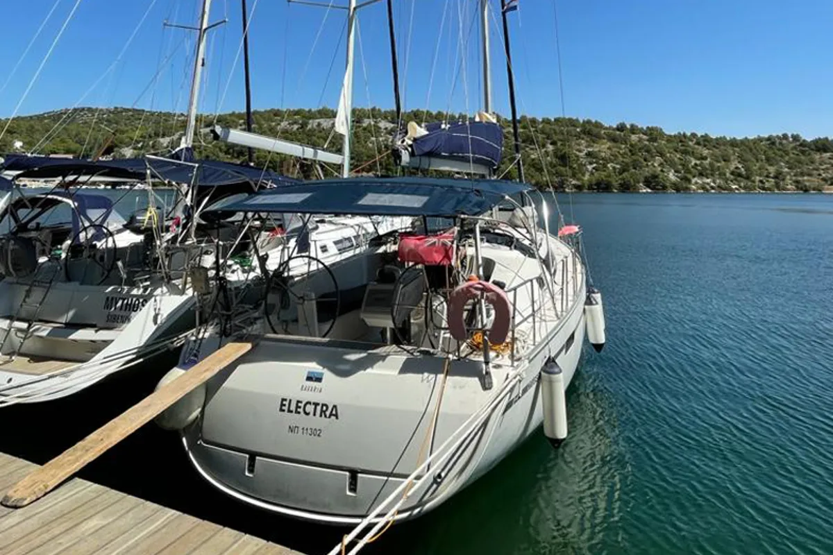 Exterior view of Electra, a Bavaria 41 sailboat at Pylaros Municipal Unit, Greece