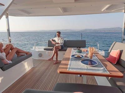 Deck of Maloja, a Fountaine Pajot Isla 40 catamaran at es Jonquet, Spain