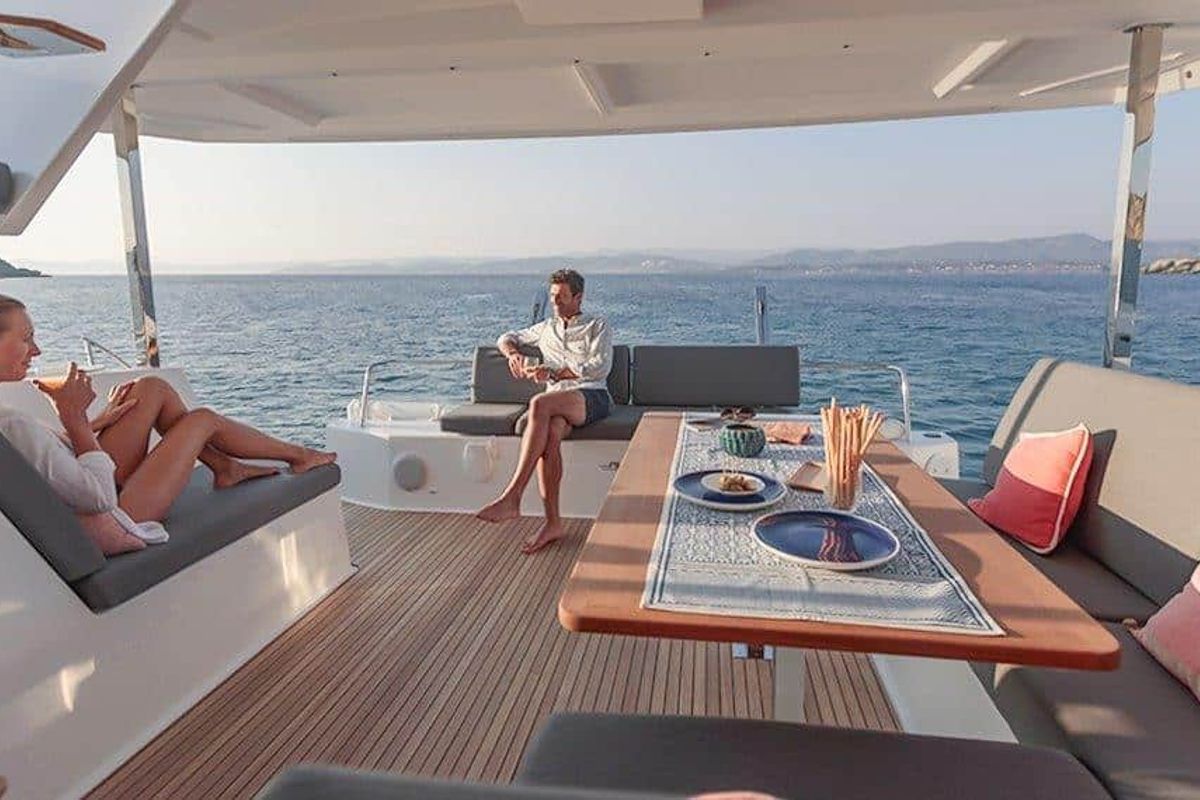 Deck of Maloja, a Fountaine Pajot Isla 40 catamaran at es Jonquet, Spain