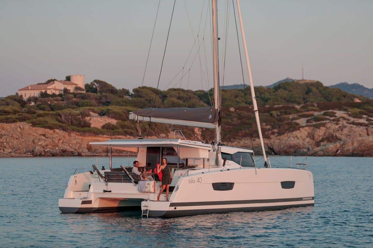 Exterior view of Maloja, a Fountaine Pajot Isla 40 catamaran at es Jonquet, Spain