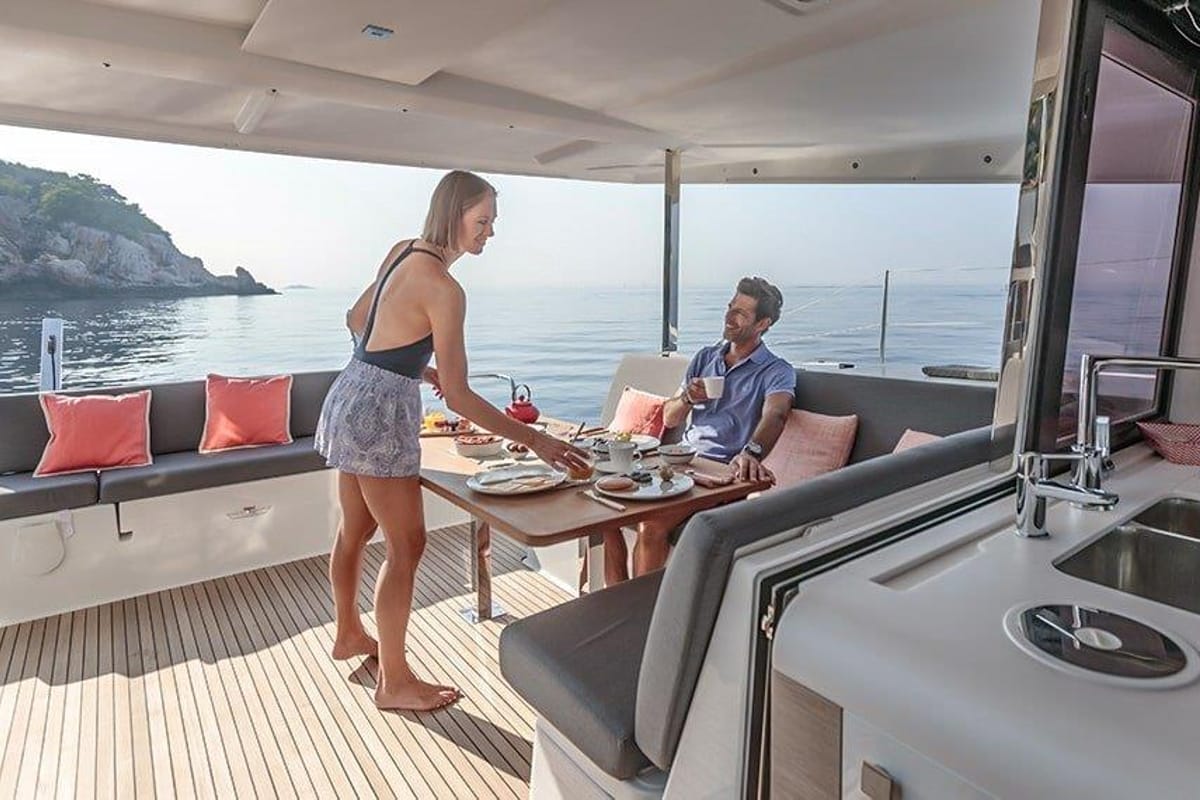 Deck of Maloja, a Fountaine Pajot Isla 40 catamaran at es Jonquet, Spain