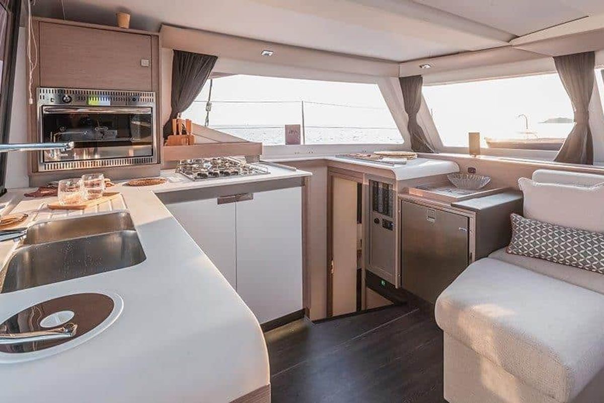 Galley of Maloja, a Fountaine Pajot Isla 40 catamaran at es Jonquet, Spain