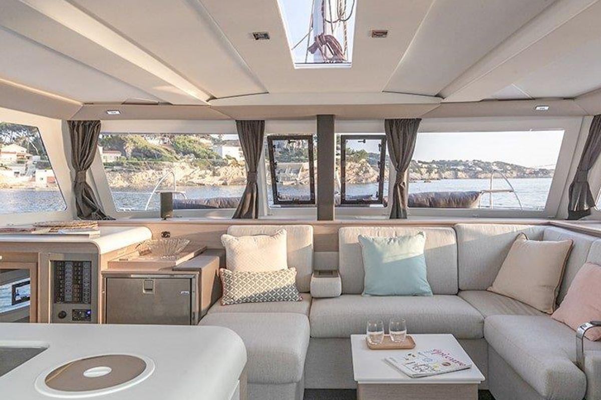 Salon of Maloja, a Fountaine Pajot Isla 40 catamaran at es Jonquet, Spain