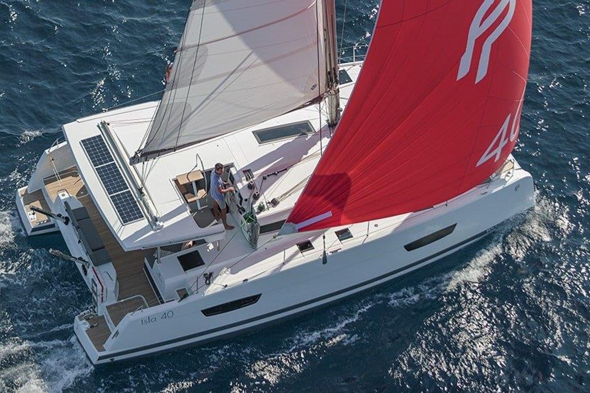 Exterior view of Maloja, a Fountaine Pajot Isla 40 catamaran at es Jonquet, Spain