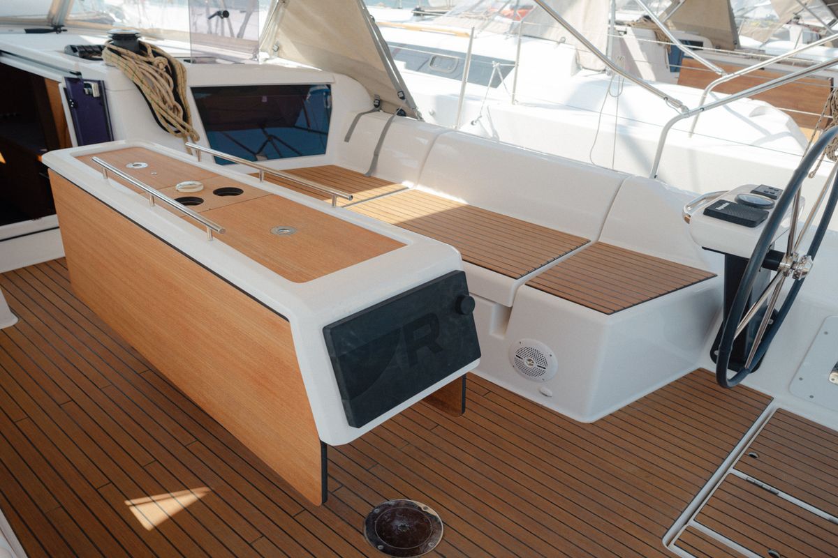 Cockpit of ARMONIA, a Dufour 430 sailboat at Skiathos, Greece