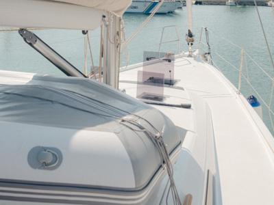 Deck of ARMONIA, a Dufour 430 sailboat at Skiathos, Greece