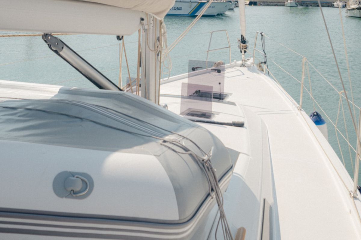 Deck of ARMONIA, a Dufour 430 sailboat at Skiathos, Greece
