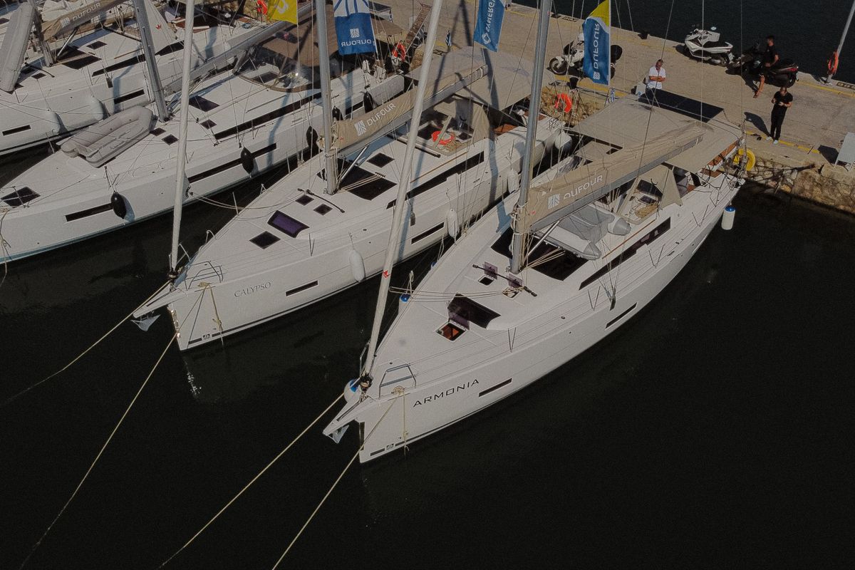 Exterior view of ARMONIA, a Dufour 430 sailboat at Skiathos, Greece