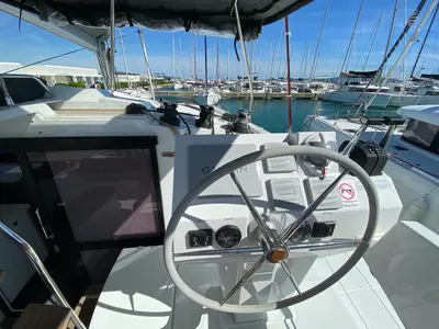 Cockpit of Vespera, a Fountaine Pajot Astréa 42 catamaran at Općina Sukošan, Croatia