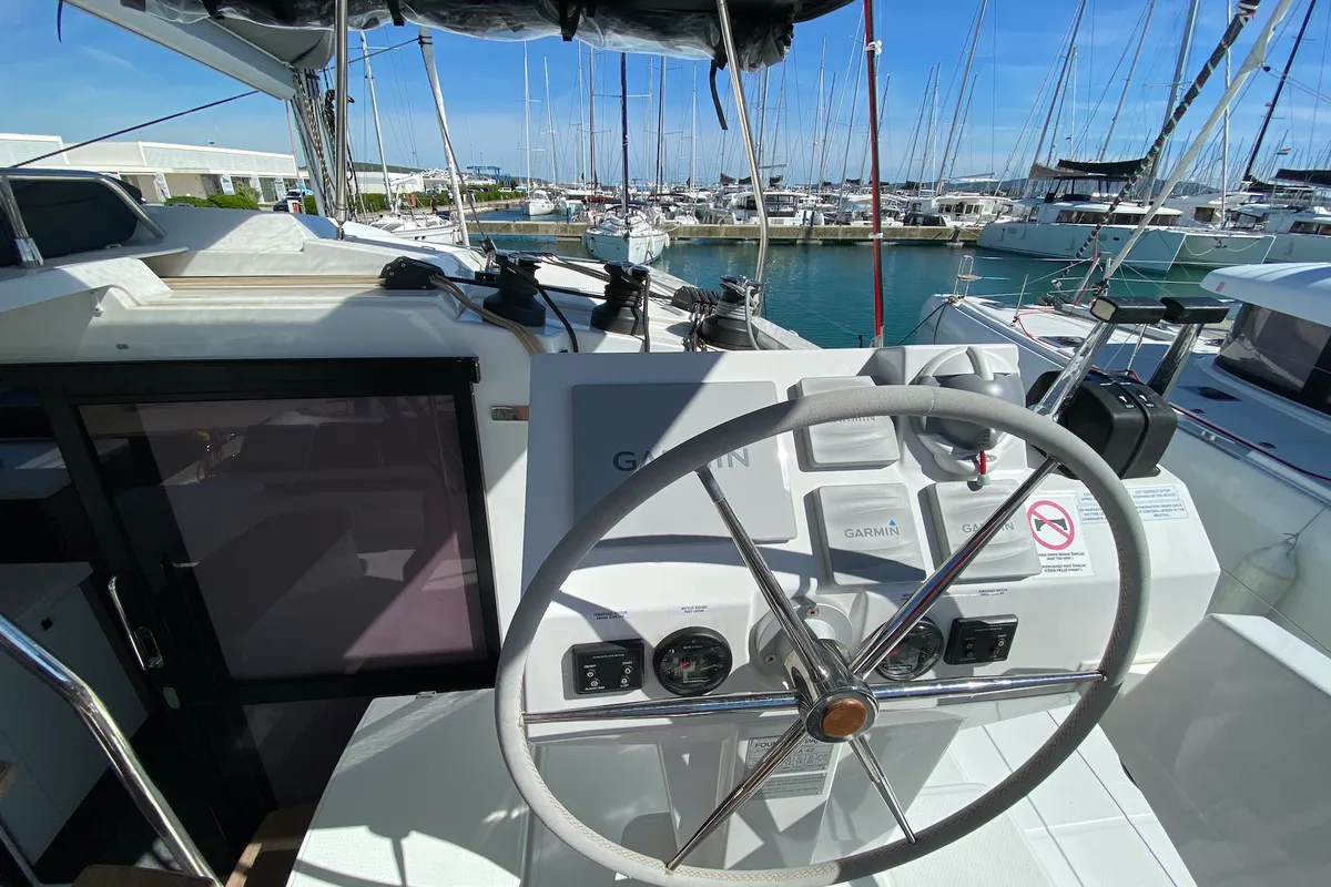 Cockpit of Vespera, a Fountaine Pajot Astréa 42 catamaran at Općina Sukošan, Croatia