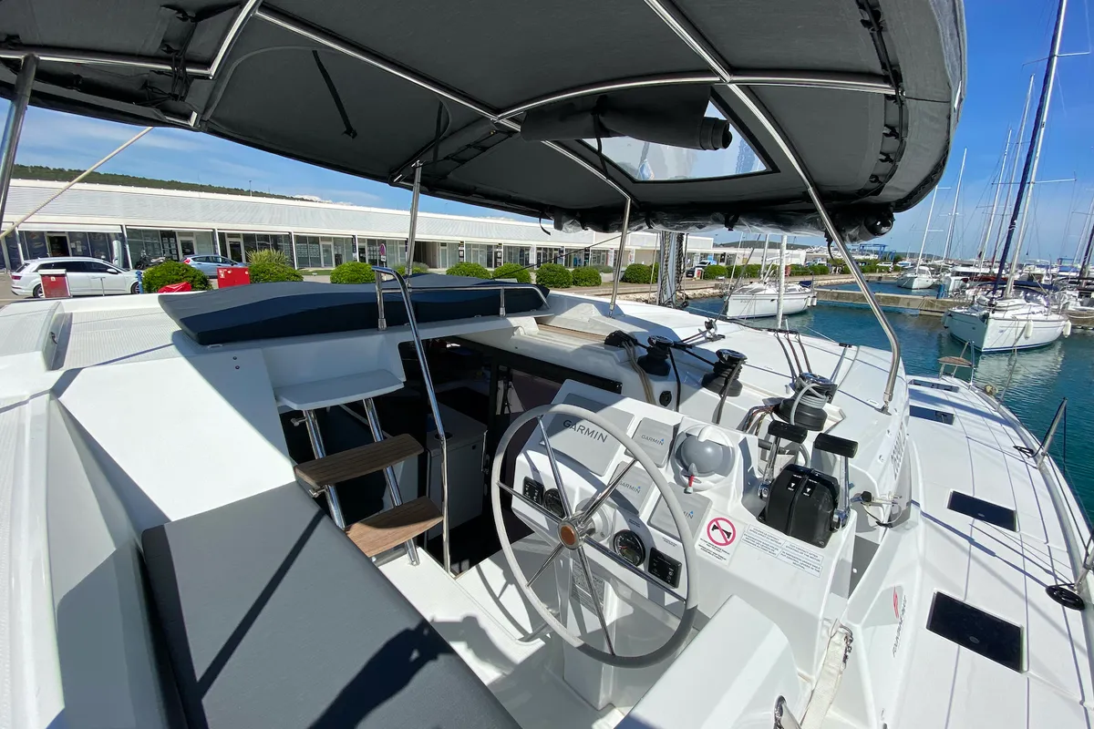 Cockpit of Vespera, a Fountaine Pajot Astréa 42 catamaran at Općina Sukošan, Croatia