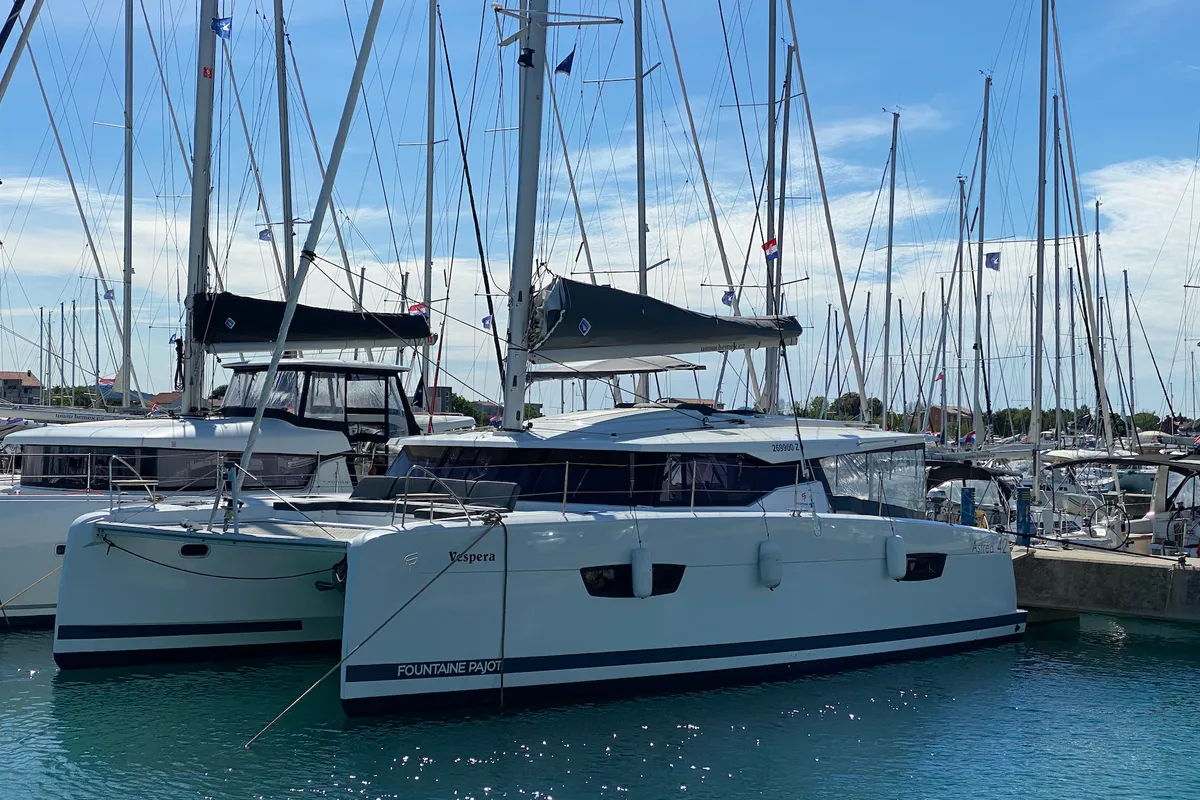 Exterior view of Vespera, a Fountaine Pajot Astréa 42 catamaran at Općina Sukošan, Croatia
