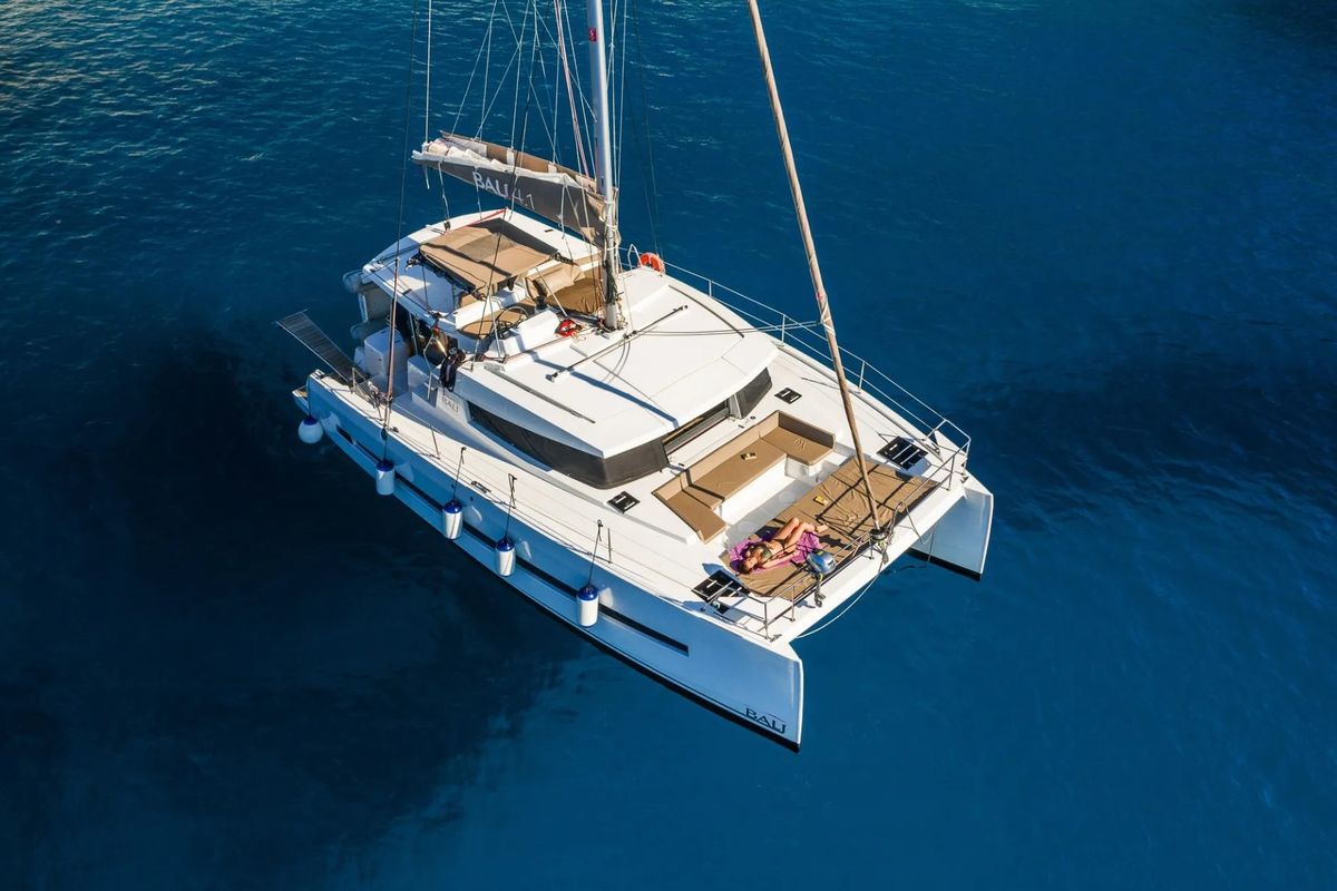 Exterior view of Zeus, a Bali 4.1 catamaran at Athens, Greece