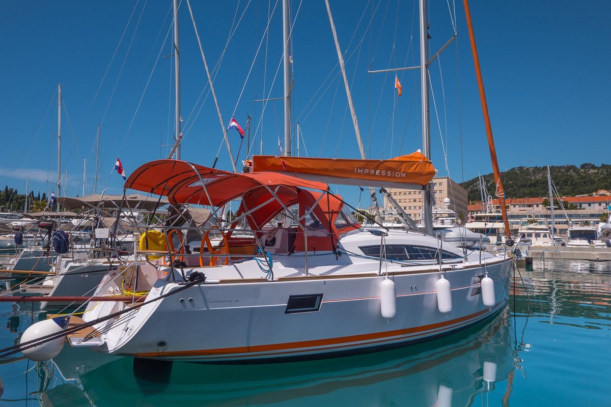 Exterior view of Happy, a Elan Impression 40 sailboat at Split, Croatia